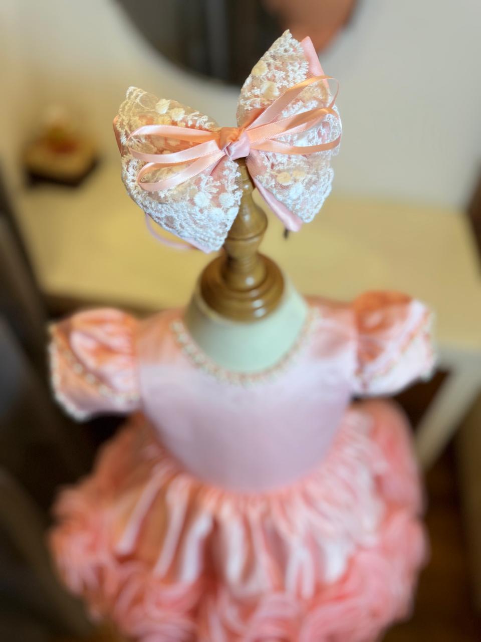 Adorable Blush Pink Princess Tutu Dress For Kids With 3D Floral Rosette Applique Details / Matching Bow Headband / Perfect For Birthdays, Weddings , Parties - Image 4