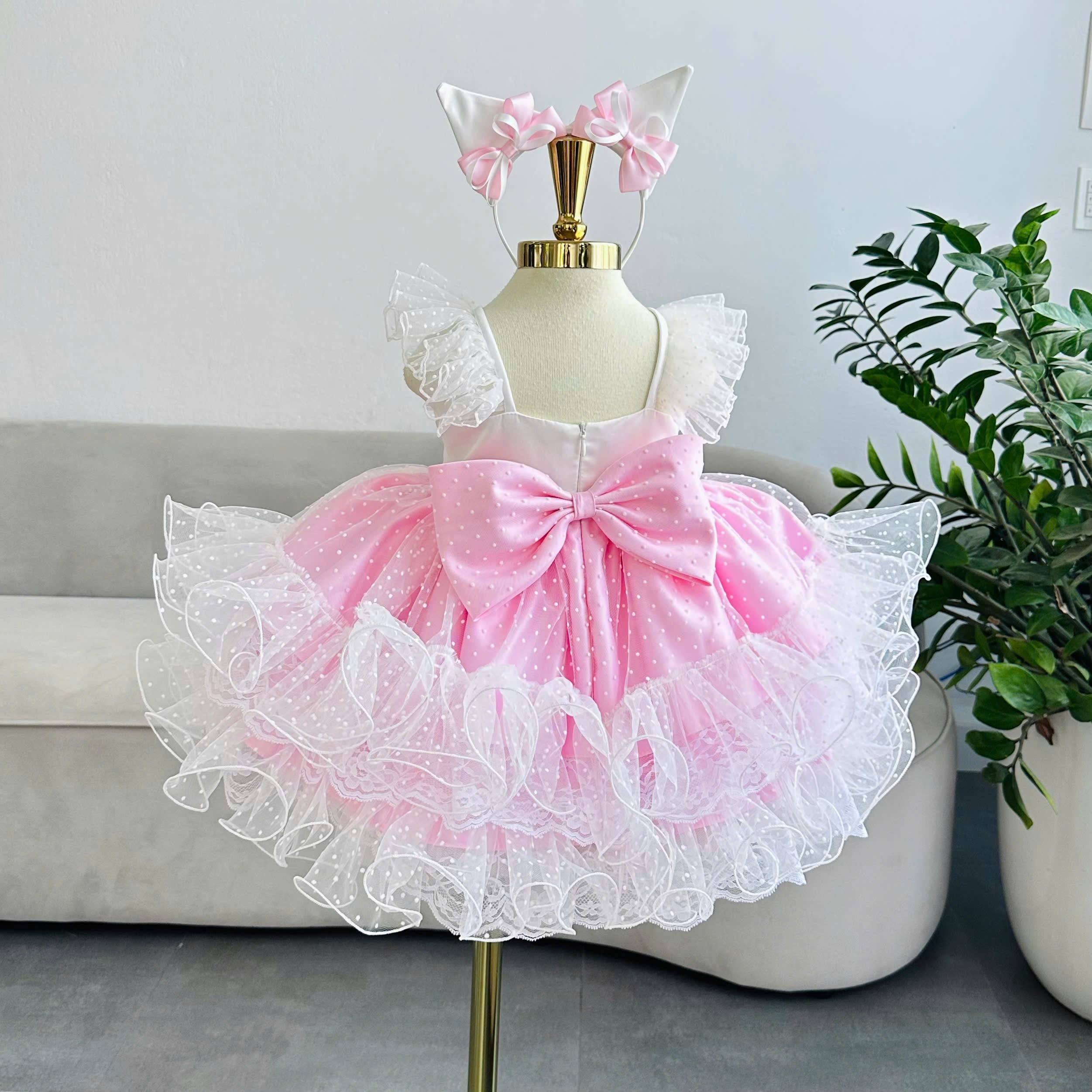 Adorable Pink & White Ruffle Frock With Cat ears Headband / Baby Girl Birthdays Dress / Party Dress / Pretty & Stylish Dress - Image 2