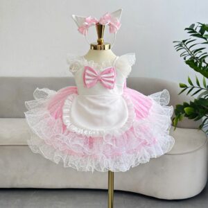 Adorable Pink & White Ruffle Frock With Cat ears Headband / Baby Girl Birthdays Dress / Party Dress / Pretty & Stylish Dress