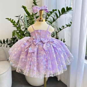 Pretty  Lavender Floral Party Frock With  Matching Bow Headband / Perfect For Birthdays Parties , Weddings Guest Outfit, Festive Wear