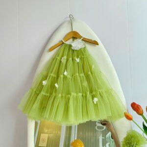 Lime Green Floral Party / Causal Wear Girl Frock / Matching Headband / Lightweight / Stylish