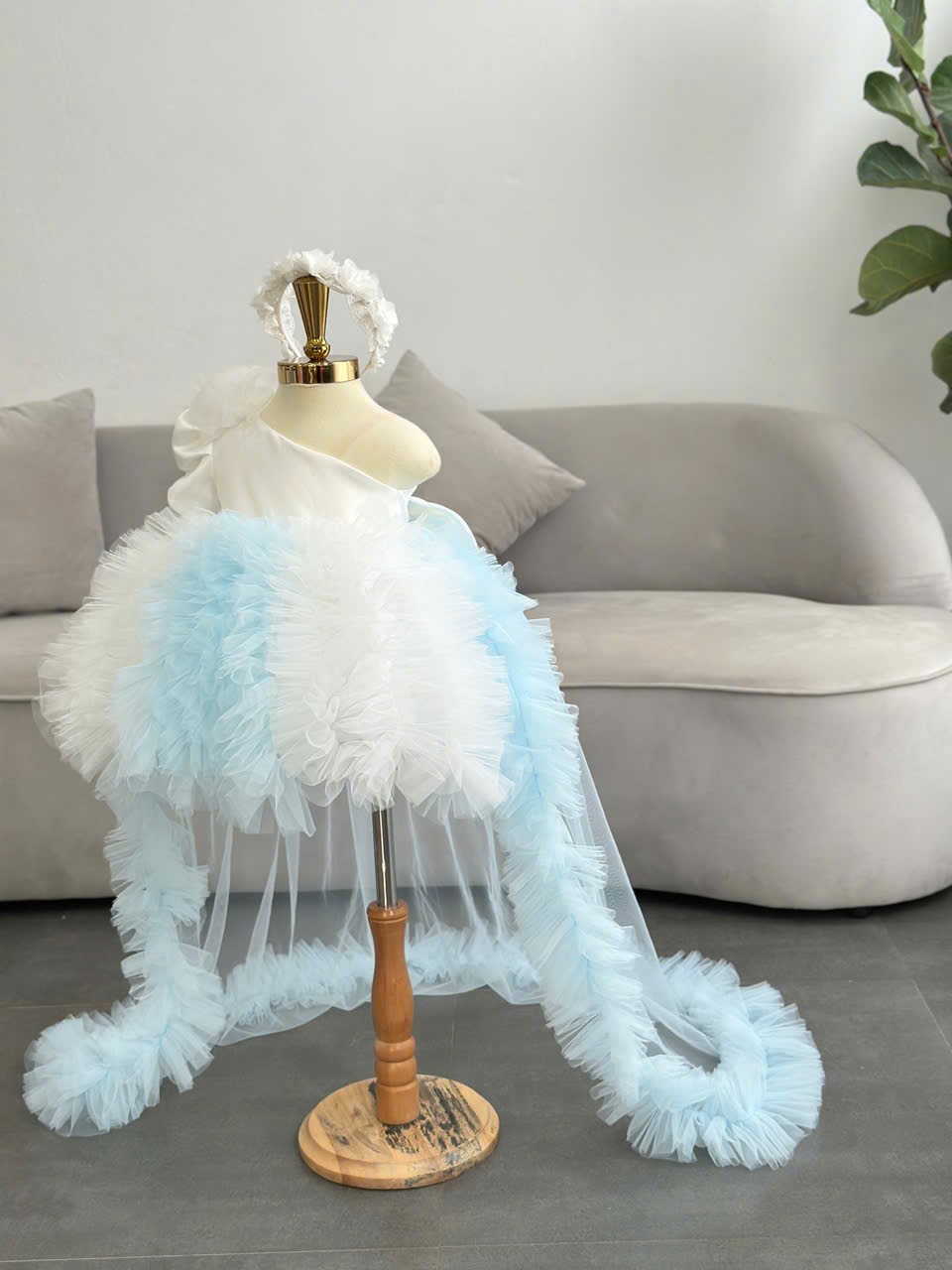 Baby Blue & White Princess Premium Party Wear Frock With Headband & Long Trail / Perfect for Weddings, Birthdays , Parties And Photoshoot - Image 3