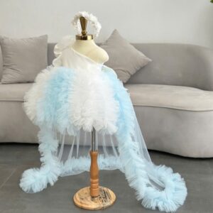 Baby Blue & White Princess Premium Party Wear Frock With Headband & Long Trail / Perfect for Weddings, Birthdays , Parties And Photoshoot