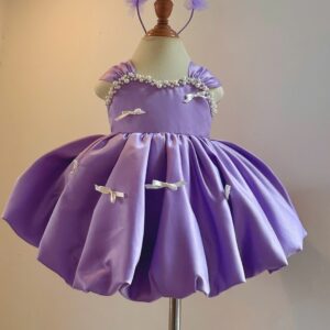 Lavender Colour  Beautiful Frock With Pearl And Little White Bow Detailing , Matching Headband, / Perfect for Birthdays , Weddings, Festive Occasions