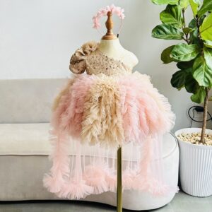 Peach & Gold Designer Princess Frock For Girls / Luxury Birthdays & Party Wear Gown With Trail / Perfect For Weddings , Birthdays , Parties  And Photoshoots