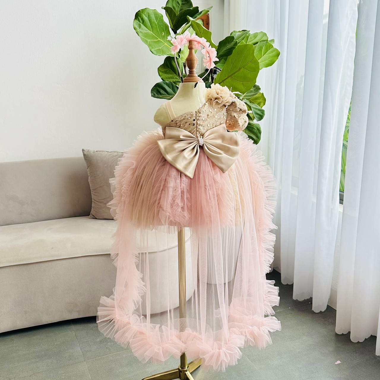 Peach & Gold Designer Princess Frock For Girls / Luxury Birthdays & Party Wear Gown With Trail / Perfect For Weddings , Birthdays , Parties And Photoshoots - Image 3