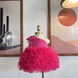 Hot Pink One Shoulder Princess Frock   / One Off Shoulder / Light Weight/ Matching Headband /Ideal For  Birthday Dress, Party Frocks, Photoshoots, Weddings And Festive Celebration And Special Occasion