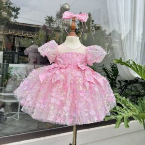 Soft Pink Sequin, 3D flower Applique Frock With Big Bow And  Matching Headband  / Perfect for birthdays , Weddings , And Festive Occasions