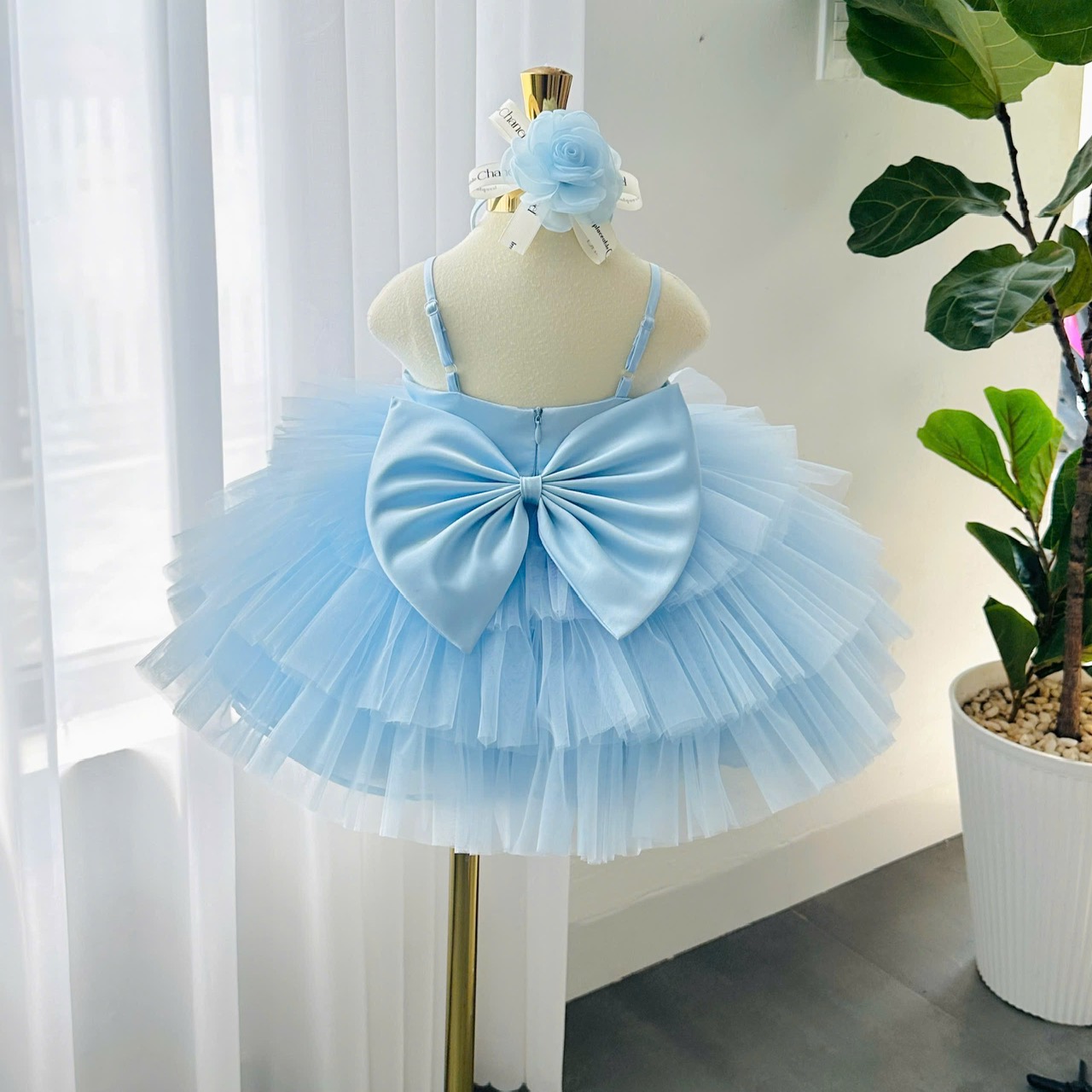 Sky Blue Floral Party Frock With Big Bow And Beautiful Matching Headband / Perfect For Birthdays, Summer Parties, Festive Occasions - Image 3