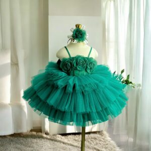 Green  Floral Party Frock With Big Bow With Matching Headband For Baby Girls / Perfect For Birthdays , Summer parties, Festive  Occasions