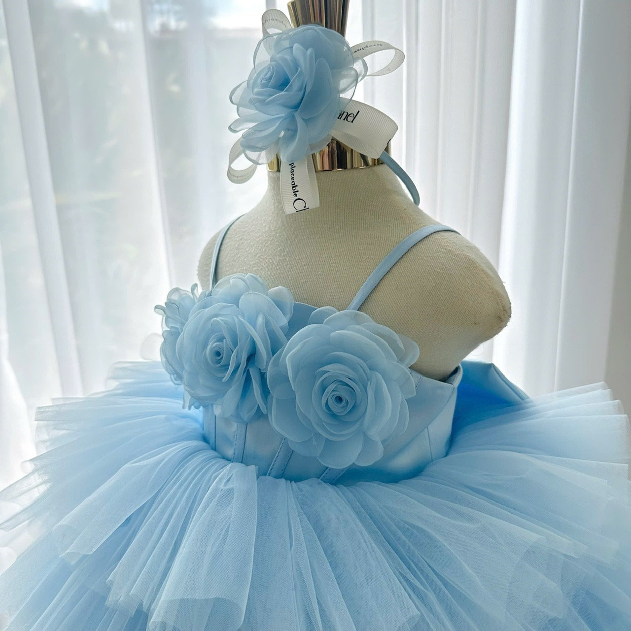 Sky Blue Floral Party Frock With Big Bow And Beautiful Matching Headband / Perfect For Birthdays, Summer Parties, Festive Occasions - Image 2