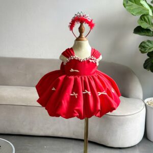 Red Satin Colour Frock With Pearl And Small Bows Detailing / Perfect For Weddings , Birthdays And Festive  Occasions